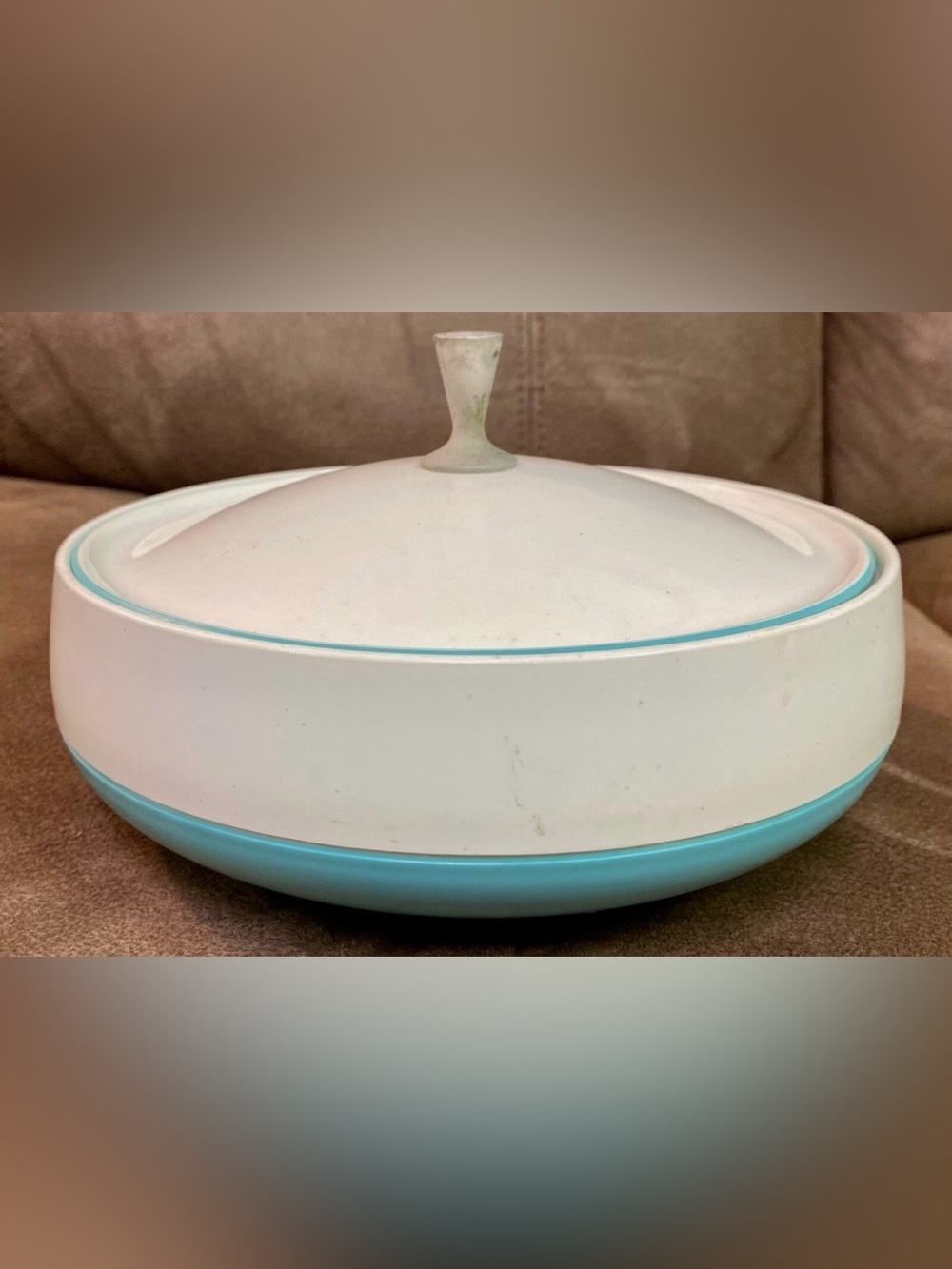 Vintage Bopp Decker Plastic Vacron Covered Bowl Serving Dish MCM Turquoise USA